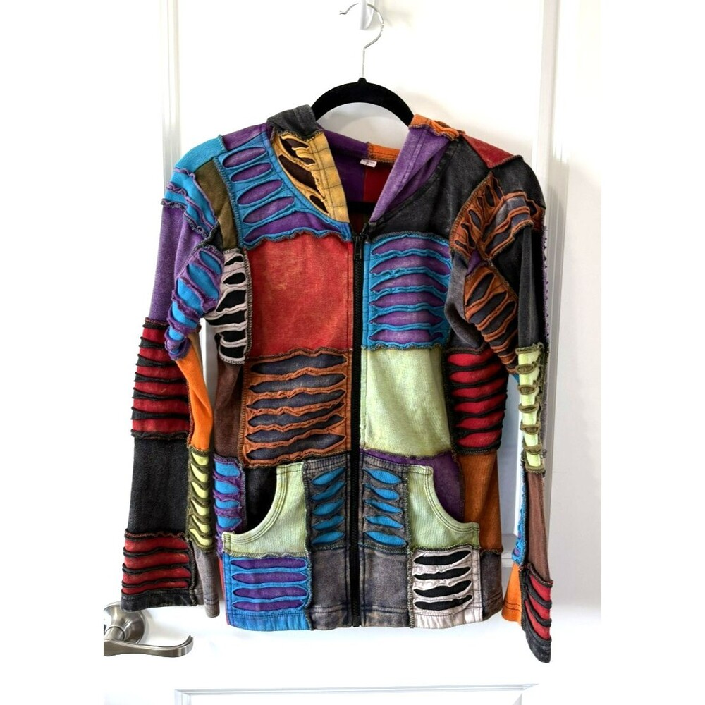 Rising International Patchwork Full Zip Hoodie Women S Hippie Boho made in Nepal